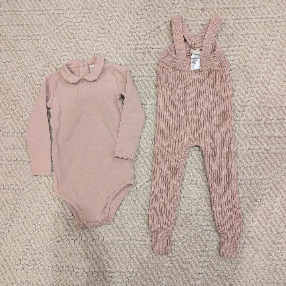 Pink Baby Bodysuit and Knit Overalls Set